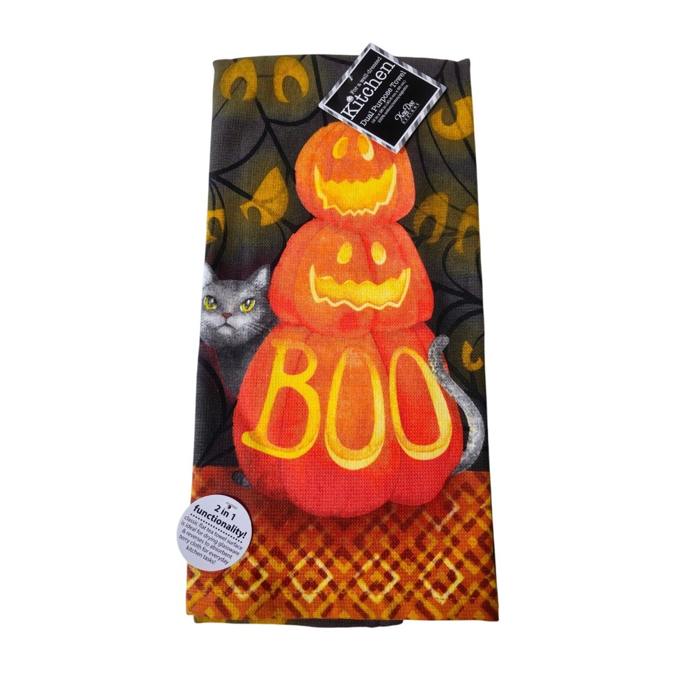 Kitchen Towel Halloween Kay Dee Designs Stacked Pumpkins Cat‎ Boo NWT